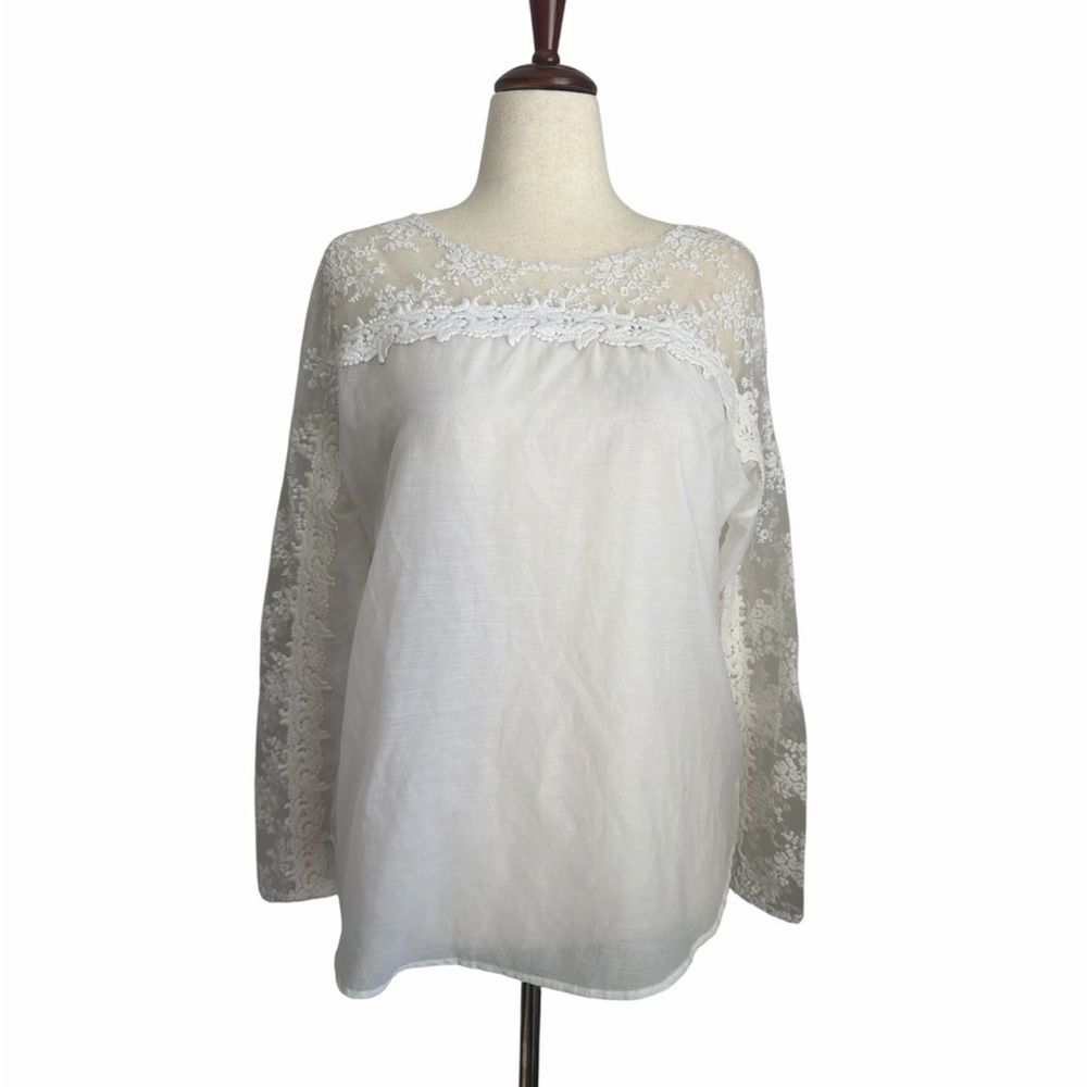 Kut From The Kloth White Lace Yoke Blouse Boho Sheer Lace Sleeve Top Size M